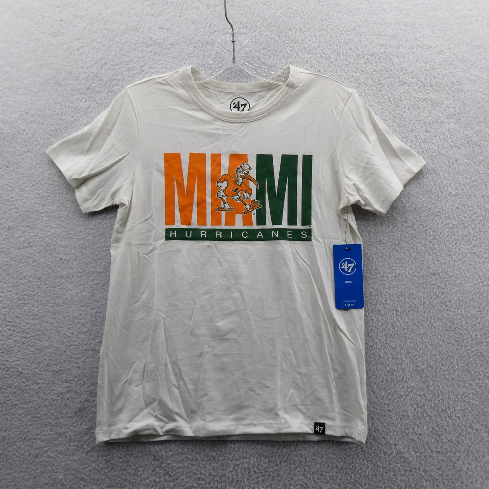 '47 Brand Shirt Kids Large Miami Hurricanes Off White Cotton Short Sleeve Logo